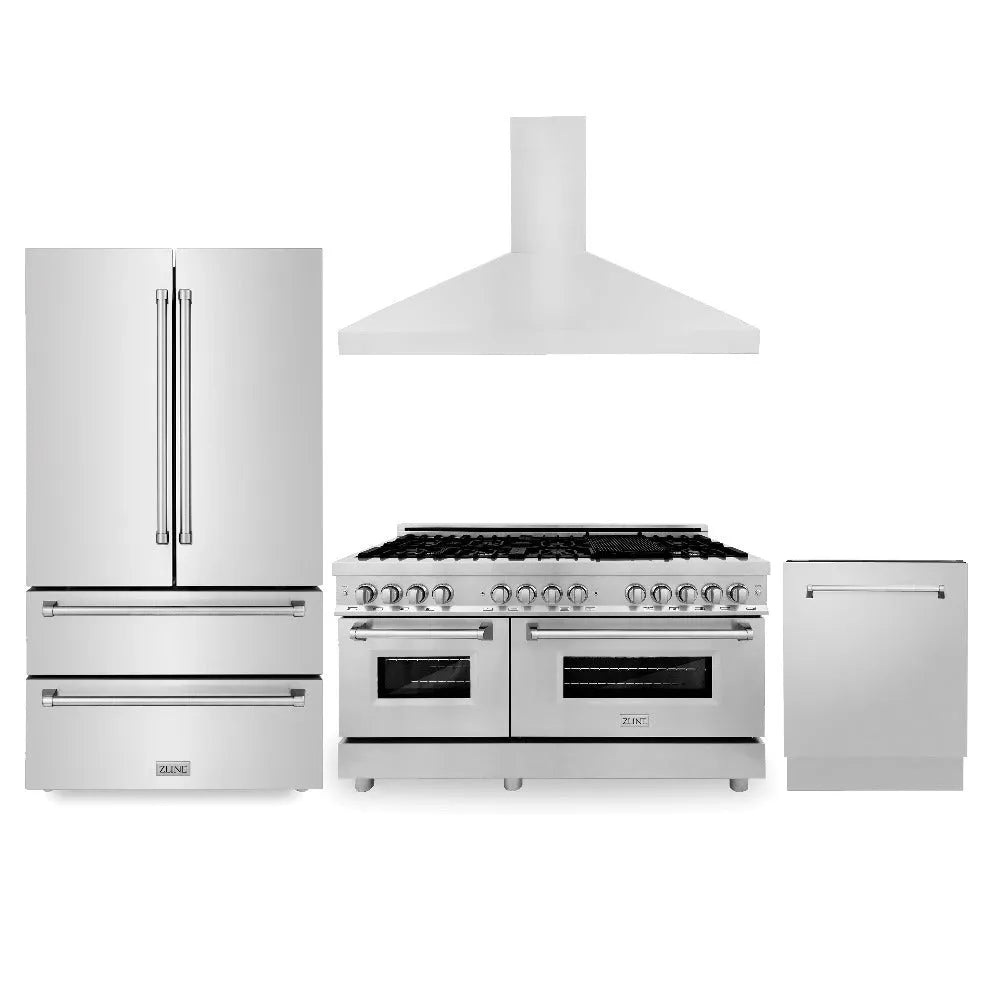 ZLINE Kitchen Package with Refrigerator, 60 in. Stainless Steel Dual Fuel Range, 60 in. Convertible Vent Range Hood and 24 in. Tall Tub Dishwasher (4KPR-RARH60-DWV) main image.