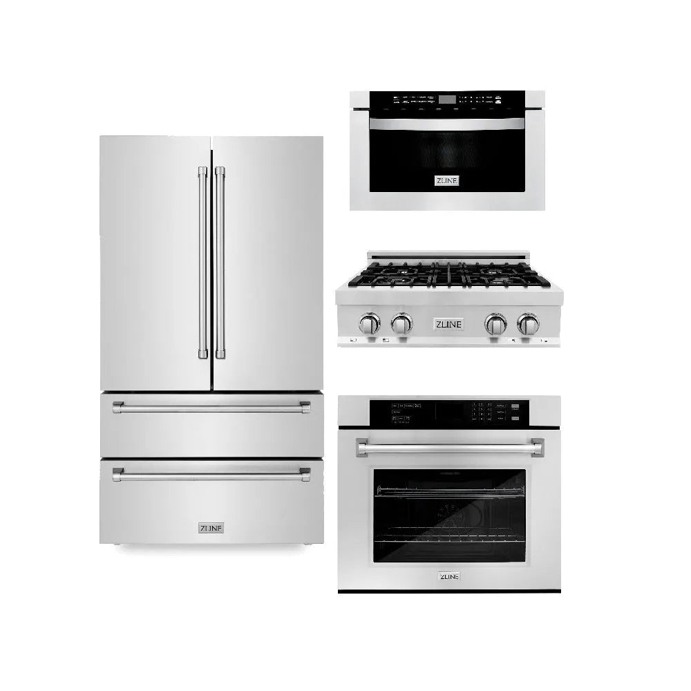 ZLINE Kitchen Package with Refrigerator, 30 in. Stainless Steel Rangetop, 30 in. Single Wall Oven, 30 in. Microwave Oven (4KPR-RT30-MWAWS) main image.