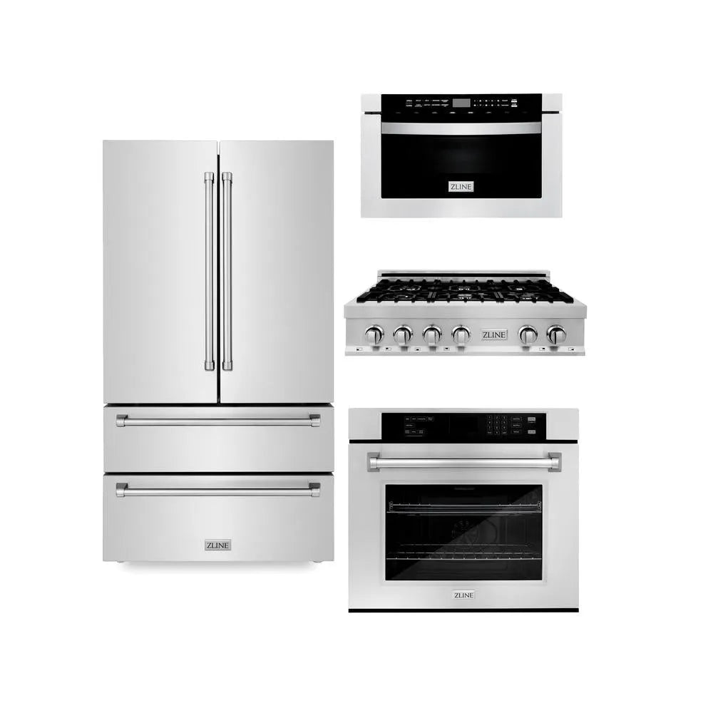 ZLINE Kitchen Package with Refrigerator, 36 in. Stainless Steel Rangetop, 30 in. Single Wall Oven, 30 in. Microwave Oven (4KPR-RT36-MWAWS) main image.