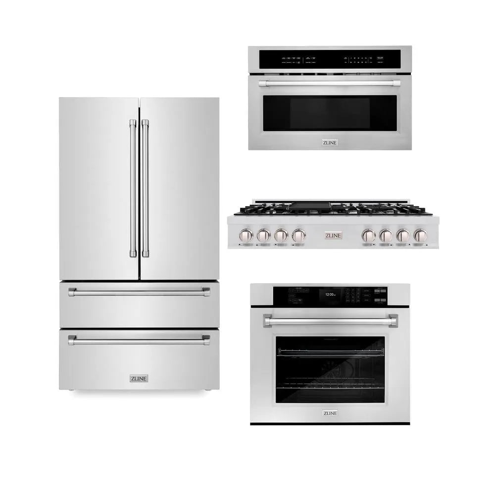 ZLINE Kitchen Package with Refrigerator, 48 in. Stainless Steel Rangetop, 30 in. Single Wall Oven, 30 in. Microwave Oven (4KPR-RT48-MWAWS) main image.