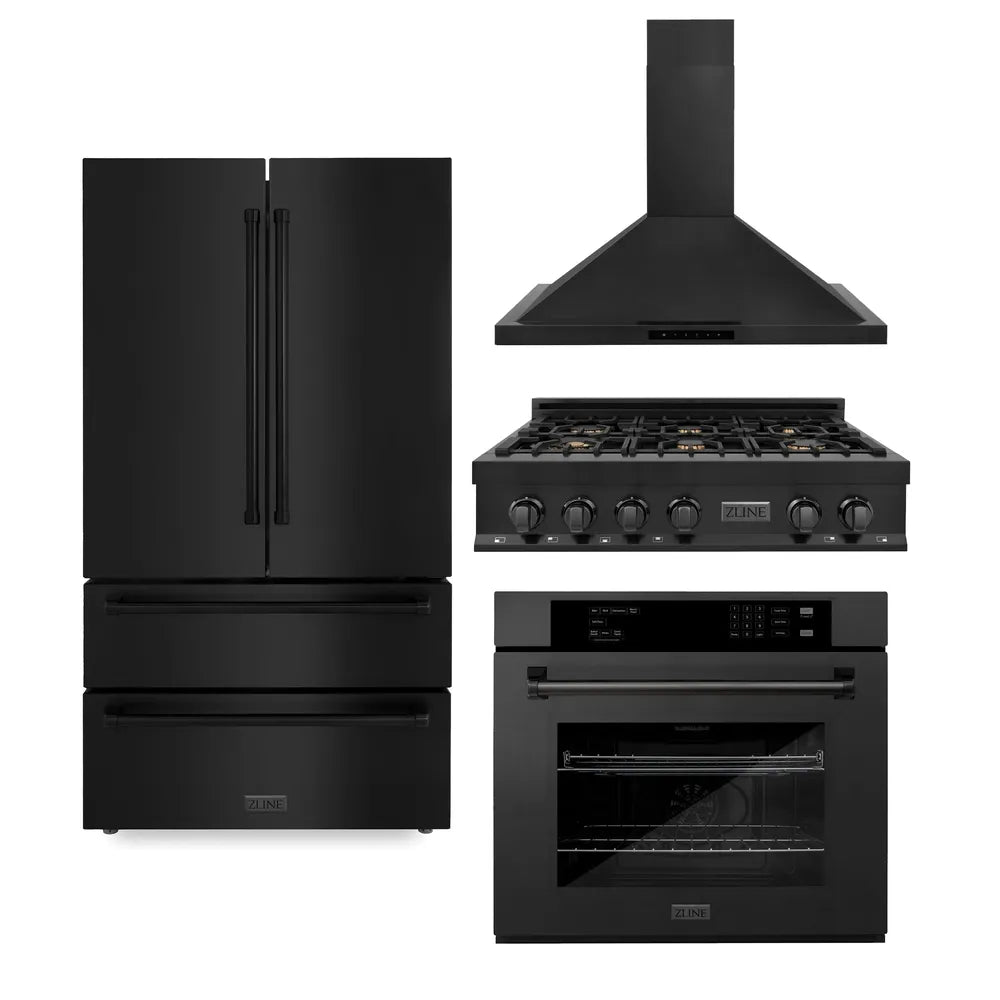 ZLINE Kitchen Package with Black Stainless Steel Refrigerator, 36 in. Rangetop, 36 in. Range Hood and 30 in. Single Wall Oven (4KPR-RTBRH36-AWS)