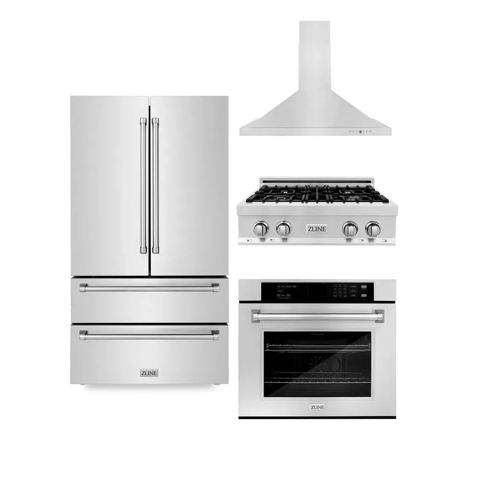 ZLINE Kitchen Package with Refrigerator, 30 in. Stainless Steel Rangetop, 30 in. Range Hood and 30 in. Single Wall Oven (4KPR-RTRH30-AWS) main image.
