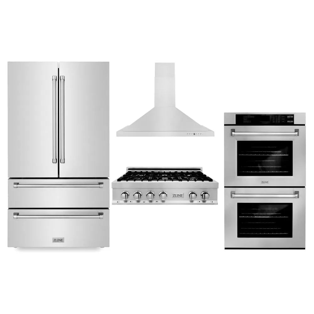 ZLINE Kitchen Package with Refrigerator, 36 in. Stainless Steel Rangetop, 36 in. Range Hood and 30 in. Double Wall Oven (4KPR-RTRH36-AWD) main image.