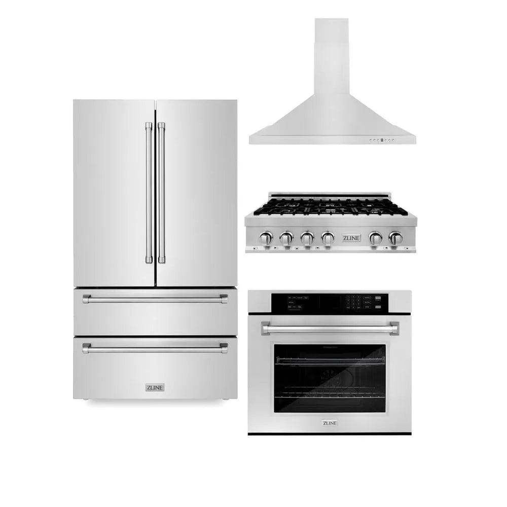 ZLINE Kitchen Package with Refrigerator, 36 in. Stainless Steel Rangetop, 36 in. Range Hood and 30 in. Single Wall Oven (4KPR-RTRH36-AWS) main image.