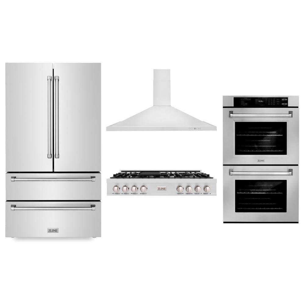 ZLINE Kitchen Package with Refrigerator, 48 in. Stainless Steel Rangetop, 48 in. Range Hood and 30 in. Double Wall Oven (4KPR-RTRH48-AWD)