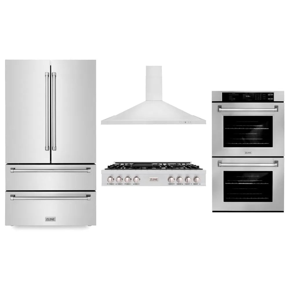 ZLINE Kitchen Package with Refrigerator, 48 in. Stainless Steel Rangetop, 48 in. Range Hood and 30 in. Double Wall Oven (4KPR-RTRH48-AWD) main image.