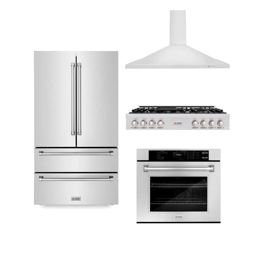 ZLINE Kitchen Package with Refrigerator, 48 in. Stainless Steel Rangetop, 48 in. Range Hood and 30 in. Single Wall Oven (4KPR-RTRH48-AWS) main image.