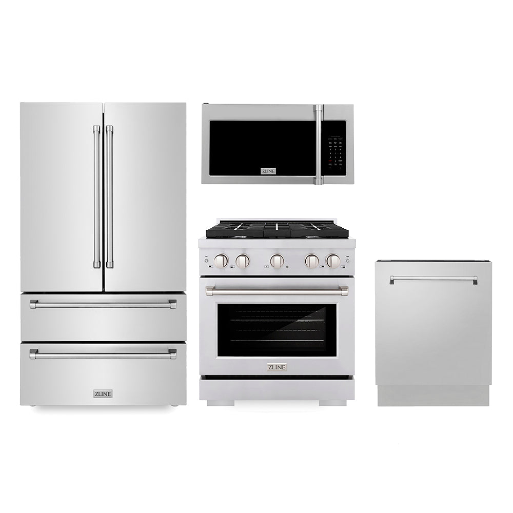 ZLINE Kitchen Package with Refrigerator, 30 in. Stainless Steel Gas Range, 30 in. Traditional Over The Range Microwave and 24 in. Tall Tub Dishwasher (4KPR-SGROTRH30-DWV)