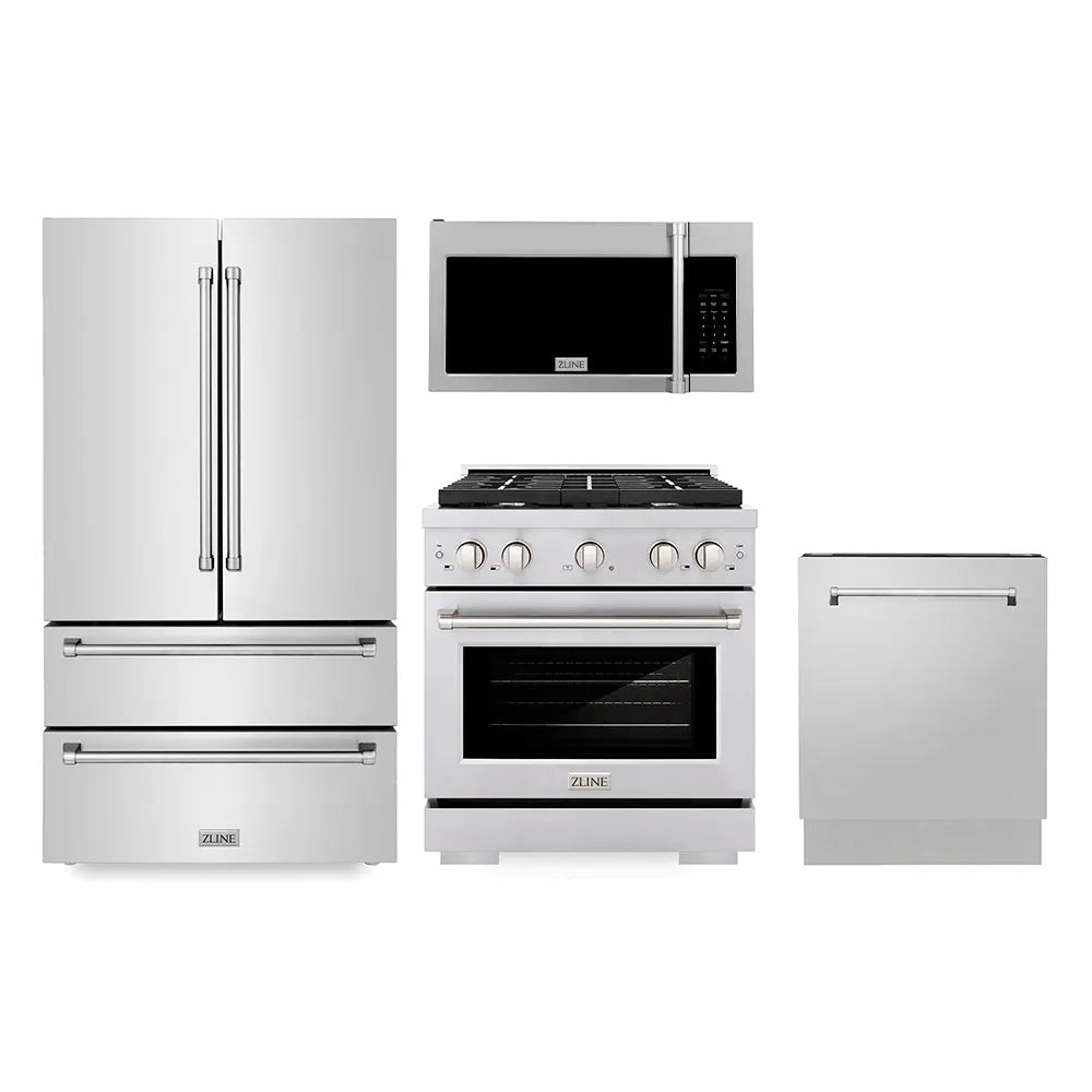 ZLINE Kitchen Package with Refrigerator, 30 in. Stainless Steel Gas Range, 30 in. Traditional Over The Range Microwave and 24 in. Tall Tub Dishwasher (4KPR-SGROTRH30-DWV) main image.