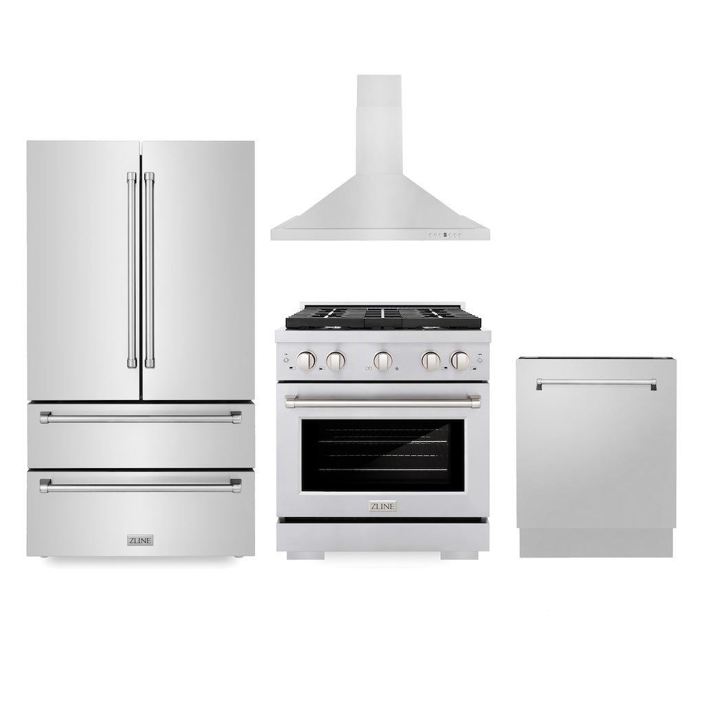 ZLINE Kitchen Package with Refrigeration, 30 in. Stainless Steel Gas Range, 30 in. Convertible Vent Range Hood and 24in. Tall Tub Dishwasher (4KPR-SGRRH30-DWV) 