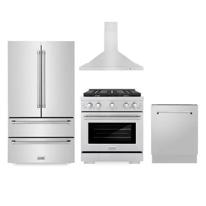 ZLINE Kitchen Package with Refrigerator, 30 in. Stainless Steel Gas Range, 30 in. Convertible Vent Range Hood and 24 in. Tall Tub Dishwasher (4KPR-SGRRH30-DWV)