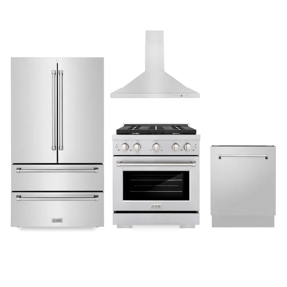 ZLINE Kitchen Package with Refrigerator, 30 in. Stainless Steel Gas Range, 30 in. Convertible Vent Range Hood and 24 in. Tall Tub Dishwasher (4KPR-SGRRH30-DWV) main image.