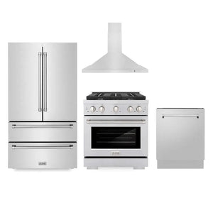 ZLINE Kitchen Package with Refrigerator, 30 in. Stainless Steel Gas Range, 30 in. Convertible Vent Range Hood and 24 in. Tall Tub Dishwasher (4KPR-SGRRH30-DWV) main image.
