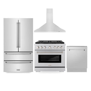 ZLINE Kitchen Package with Refrigerator, 36 in. Stainless Steel Gas Range, 36 in. Convertible Vent Range Hood and 24 in. Tall Tub Dishwasher (4KPR-SGRRH36-DWV)