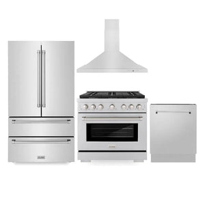 ZLINE Kitchen Package with Refrigerator, 36 in. Stainless Steel Gas Range, 36 in. Convertible Vent Range Hood and 24 in. Tall Tub Dishwasher (4KPR-SGRRH36-DWV) main image.
