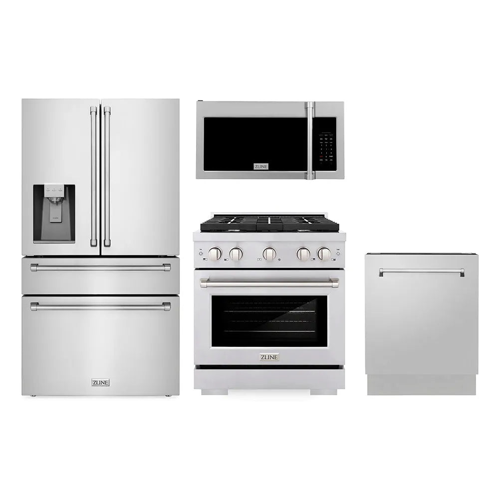 ZLINE Kitchen Package with Water and Ice Dispenser Refrigerator, 30 in. Gas Range, 30 in. Over the Range Microwave and 24 in. Tall Tub Dishwasher (4KPRW-SGROTRH30-DWV) main image.