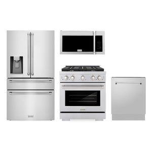 ZLINE Kitchen Package with Water and Ice Dispenser Refrigerator, 30 in. Gas Range, 30 in. Over the Range Microwave and 24 in. Tall Tub Dishwasher (4KPRW-SGROTRH30-DWV) 