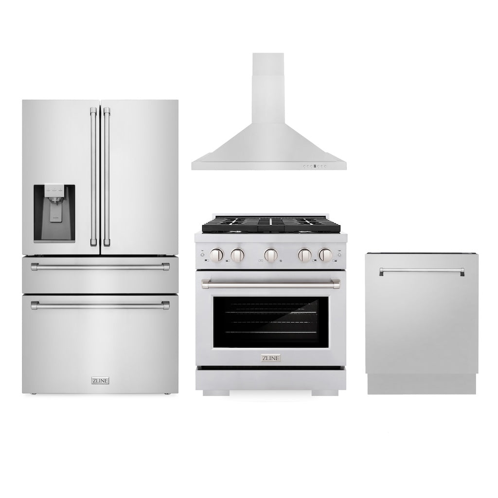 ZLINE Kitchen Package with Water and Ice Dispenser Refrigerator, 30 in. Gas Range, 30 in. Range Hood, and 24 in. Tall Tub Dishwasher (4KPRW-SGRRH30-DWV) 