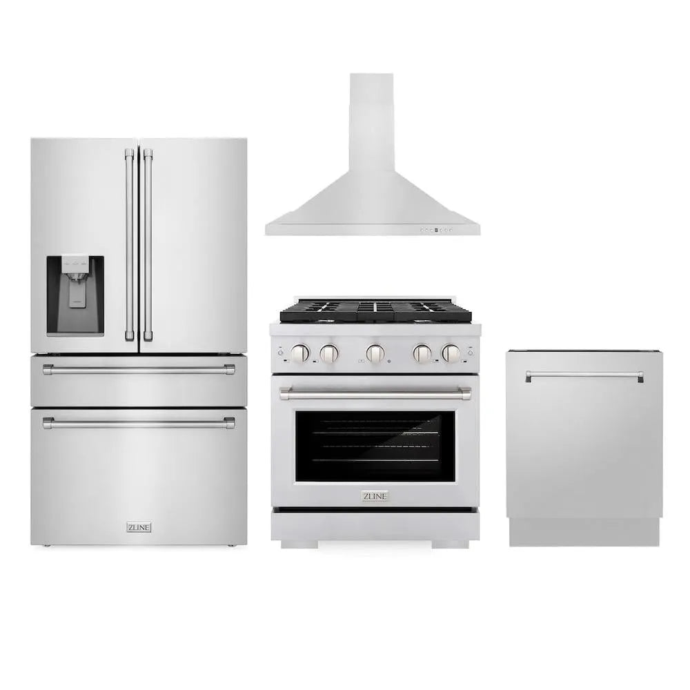 ZLINE Kitchen Package with Water and Ice Dispenser Refrigerator, 30 in. Gas Range, 30 in. Range Hood, and 24 in. Tall Tub Dishwasher (4KPRW-SGRRH30-DWV) main image.