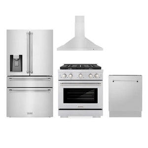 ZLINE Kitchen Package with Water and Ice Dispenser Refrigerator, 30 in. Gas Range, 30 in. Range Hood, and 24 in. Tall Tub Dishwasher (4KPRW-SGRRH30-DWV) main image.