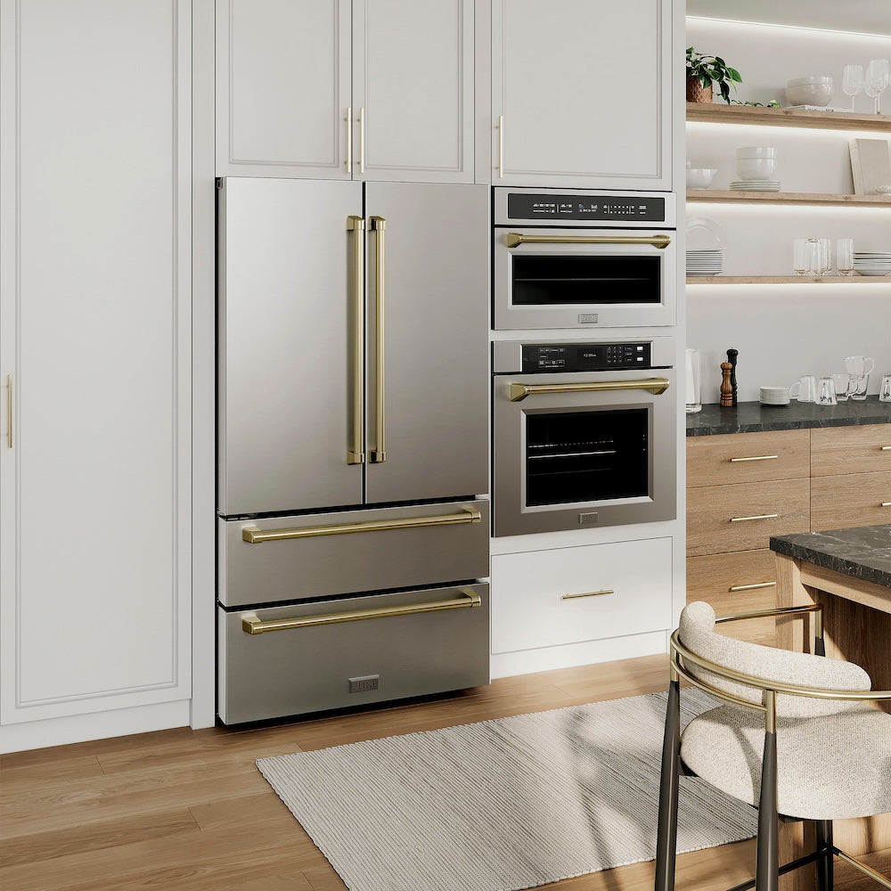 Modern kitchen with stainless steel appliances including a ZLINE Autograph Edition 36 in. 22.5 cu. ft. Counter-Depth French Door Refrigerator with Ice Maker in Fingerprint-Resistant Stainless Steel with Champagne Bronze Traditional Handles (RFMZ-36-CB), oven, and microwave.