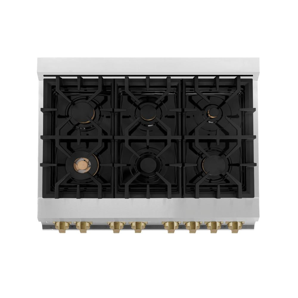 ZLINE Autograph Edition 36 in. 4.6 cu. ft. Legacy Dual Fuel Range with 6 Burner Gas Cooktop and Electric Convection Oven in Stainless Steel and Champagne Bronze Accents (RAZ-36-CB) top, above cooktop.