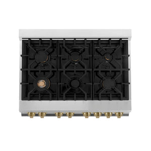 ZLINE Autograph Edition 36 in. 4.6 cu. ft. Legacy Dual Fuel Range with 6 Burner Gas Cooktop and Electric Convection Oven in Stainless Steel and Champagne Bronze Accents (RAZ-36-CB) top, above cooktop.