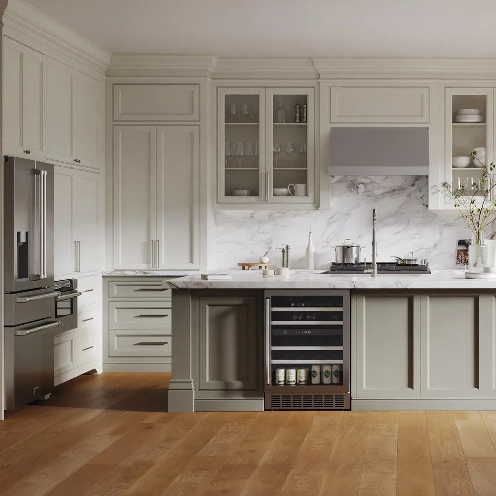 Modern kitchen with gray cabinets, marble countertop, and ZLINE 24 in. Monument Dual Zone 44-Bottle Wine Cooler in Stainless Steel (RWV-UD-24)