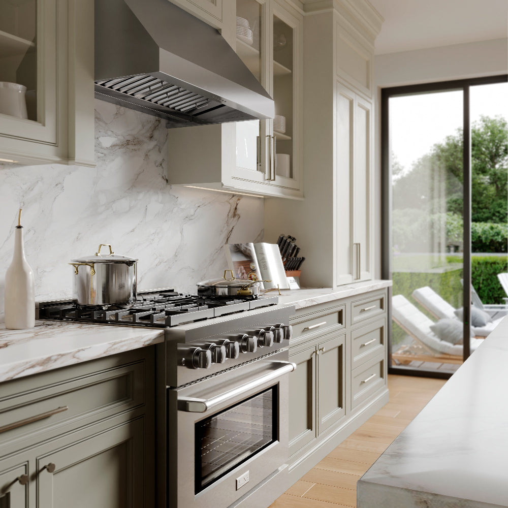 Modern kitchen with ZLINE 48 in. Convertible Vent Under Cabinet Range Hood in Stainless Steel (523-48) and marble countertops