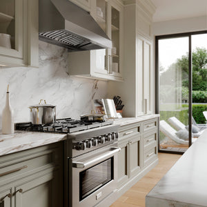 Modern kitchen with ZLINE 48 in. Convertible Vent Under Cabinet Range Hood in Stainless Steel (523-48) and marble countertops