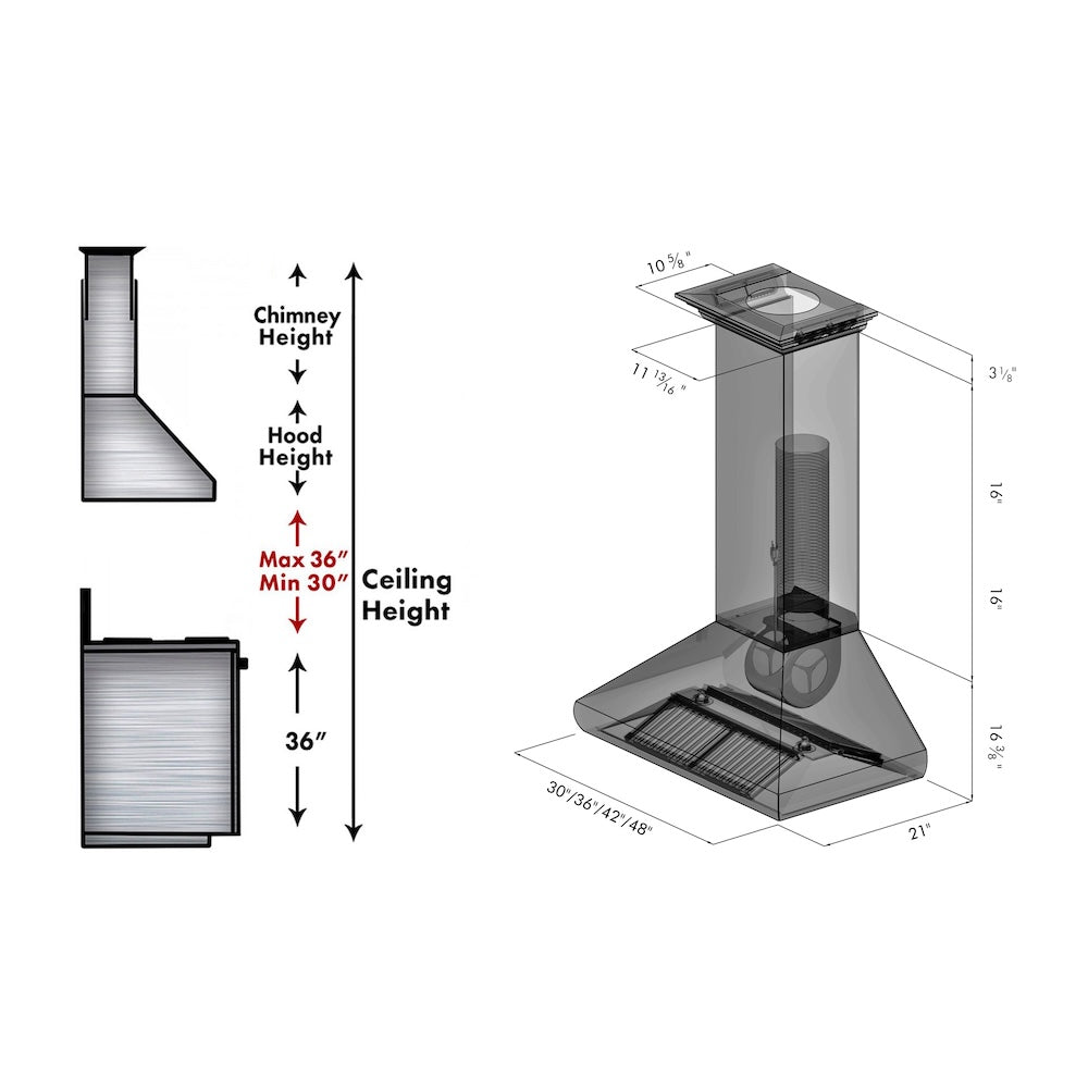 ZLINE 36 in. Professional Convertible Vent Wall Mount Range Hood in Stainless Steel with Crown Molding (587CRN-36) dimensional diagram.