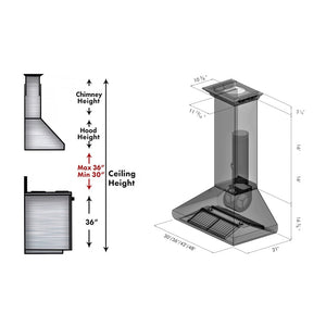 ZLINE 36 in. Professional Convertible Vent Wall Mount Range Hood in Stainless Steel with Crown Molding (587CRN-36) dimensional diagram.