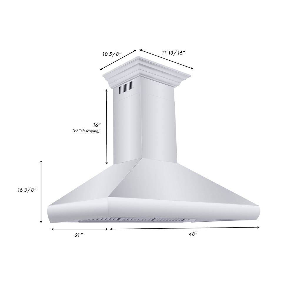 ZLINE 48 in. Professional Convertible Vent Wall Mount Range Hood in Stainless Steel with Crown Molding (587CRN-48) dimensional diagram.