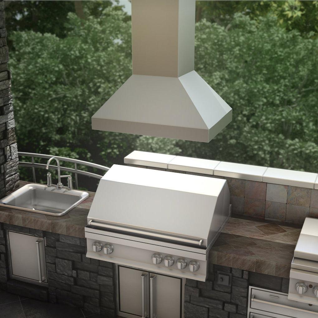 ZLINE Ducted Island Mount Range Hood in Stainless Steel (597i) in an outdoor kitchen rendering