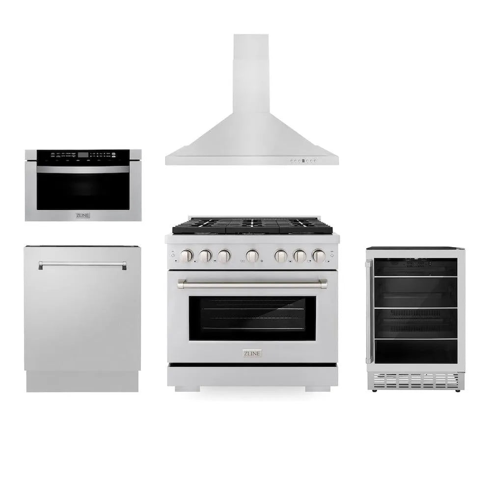 ZLINE 36 in. Kitchen Package with Stainless Steel Gas Range, Range Hood, Microwave Drawer, Tall Tub Dishwasher and Beverage Fridge (5KP-SGRRH36-MWDWV-RBV) main image.