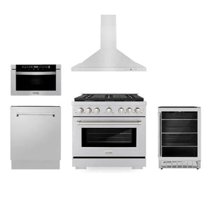 ZLINE 36 in. Kitchen Package with Stainless Steel Gas Range, Range Hood, Microwave Drawer, Tall Tub Dishwasher and Beverage Fridge (5KP-SGRRH36-MWDWV-RBV) main image.