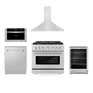 ZLINE 36 in. Kitchen Package with Stainless Steel Gas Range, Range Hood, Microwave Drawer, Tall Tub Dishwasher and Beverage Fridge (5KP-SGRRH36-MWDWV-RBV) 