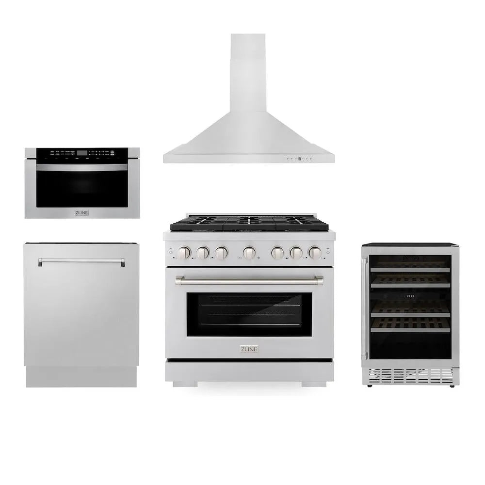 ZLINE 36 in. Kitchen Package with Stainless Steel Gas Range, Range Hood, Microwave Drawer, Tall Tub Dishwasher and Wine Cooler (5KP-SGRRH36-MWDWV-RWV) main image.