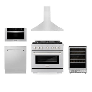 ZLINE 36 in. Kitchen Package with Stainless Steel Gas Range, Range Hood, Microwave Drawer, Tall Tub Dishwasher and Wine Cooler (5KP-SGRRH36-MWDWV-RWV) main image.