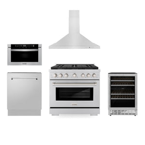 ZLINE 36 in. Kitchen Package with Stainless Steel Gas Range, Range Hood, Microwave Drawer, Tall Tub Dishwasher and Wine Cooler (5KP-SGRRH36-MWDWV-RWV) 