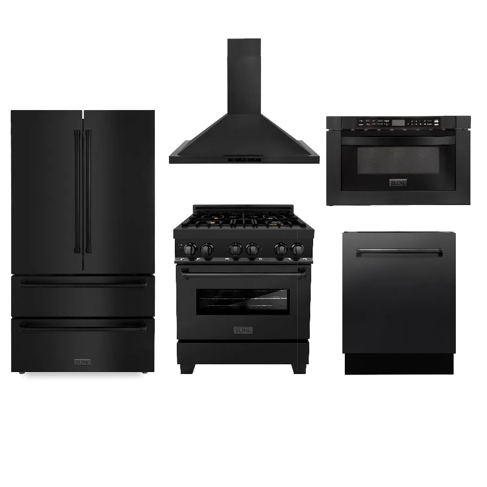 ZLINE Kitchen Package with Black Stainless Steel Refrigerator, 30 in. Dual Fuel Range, 30 in. Range Hood, Microwave Drawer, and 24 in. Tall Tub Dishwasher (5KPR-RABRH-MWDWV) main image.