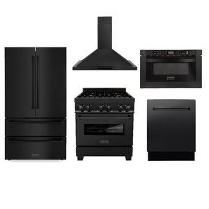 ZLINE Kitchen Package with Black Stainless Steel Refrigerator, 30 in. Dual Fuel Range, 30 in. Range Hood, Microwave Drawer, and 24 in. Tall Tub Dishwasher (5KPR-RABRH-MWDWV) main image.