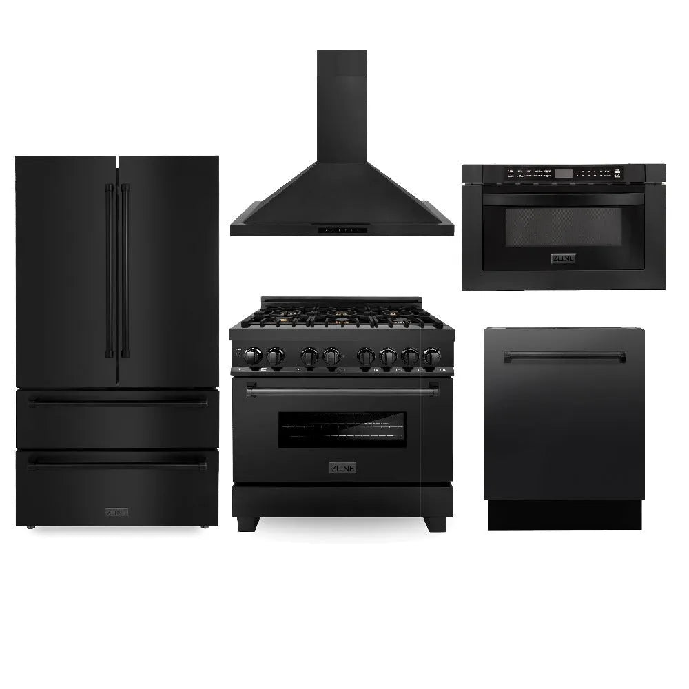 ZLINE Kitchen Package with Black Stainless Steel Refrigerator, 36 in. Dual Fuel Range, 36 in. Range Hood, Microwave Drawer, and 24 in. Tall Tub Dishwasher (5KPR-RABRH36-MWDWV) main image.