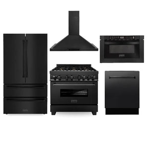 ZLINE Kitchen Package with Black Stainless Steel Refrigerator, 36 in. Dual Fuel Range, 36 in. Range Hood, Microwave Drawer, and 24 in. Tall Tub Dishwasher (5KPR-RABRH36-MWDWV) main image.
