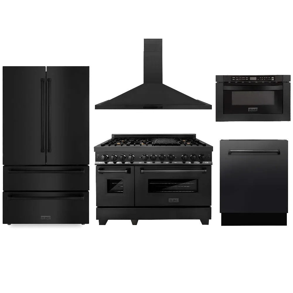 ZLINE Kitchen Package with Black Stainless Steel Refrigerator, 48 in. Dual Fuel Range, 48 in. Range Hood, Microwave Drawer, and 24 in. Tall Tub Dishwasher (5KPR-RABRH48-MWDWV) main image.