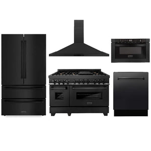 ZLINE Kitchen Package with Black Stainless Steel Refrigerator, 48 in. Dual Fuel Range, 48 in. Range Hood, Microwave Drawer, and 24 in. Tall Tub Dishwasher (5KPR-RABRH48-MWDWV) main image.