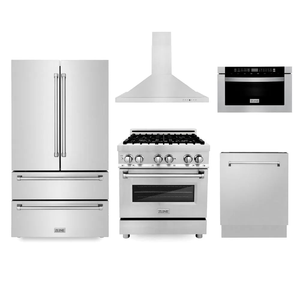 ZLINE Kitchen Package with 36 in. French Door Refrigerator, 30 in. Stainless Steel Dual Fuel Range, 30 in. Convertible Vent Range Hood, 24 in. Microwave Drawer, and 24 in. Tall Tub Dishwasher (5KPR-RARH30-MWDWV) main image.
