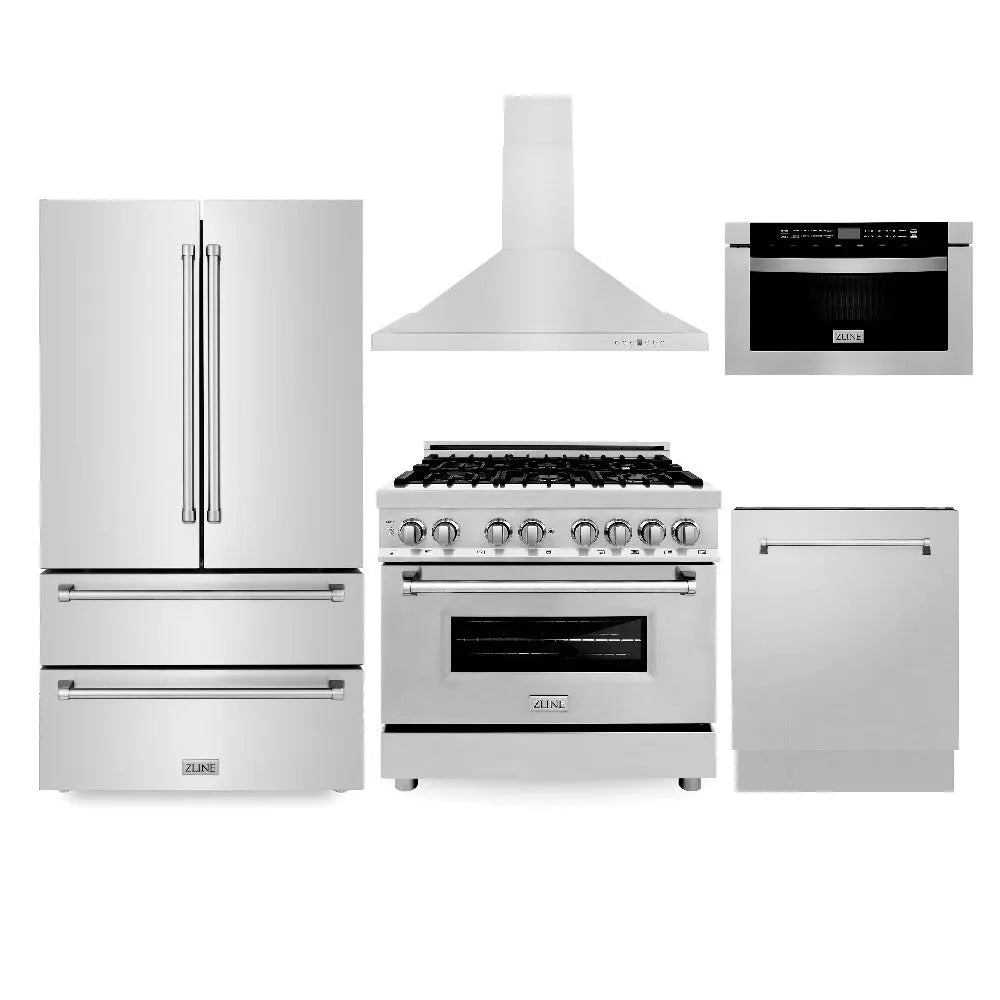 ZLINE Kitchen Package with Refrigerator, 36 in. Stainless Steel Dual Fuel Range, 36 in. Convertible Vent Range Hood, 24 in. Microwave Drawer, and 24 in. Tall Tub Dishwasher (5KPR-RARH36-MWDWV) main image.