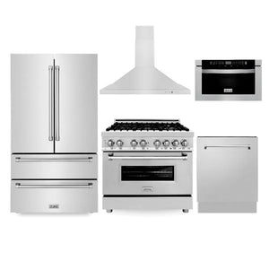 ZLINE Kitchen Package with Refrigerator, 36 in. Stainless Steel Dual Fuel Range, 36 in. Convertible Vent Range Hood, 24 in. Microwave Drawer, and 24 in. Tall Tub Dishwasher (5KPR-RARH36-MWDWV) main image.