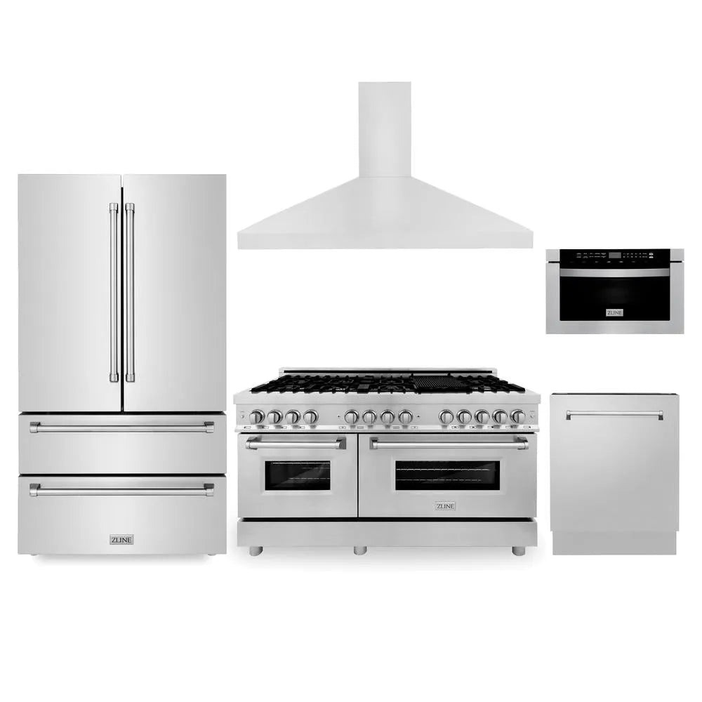 ZLINE Kitchen Package with Refrigerator, 60 in. Stainless Steel Dual Fuel Range, 60 in. Convertible Vent Range Hood, 24 in. Microwave Drawer, and 24 in. Tall Tub Dishwasher (5KPR-RARH60-MWDWV) main image.